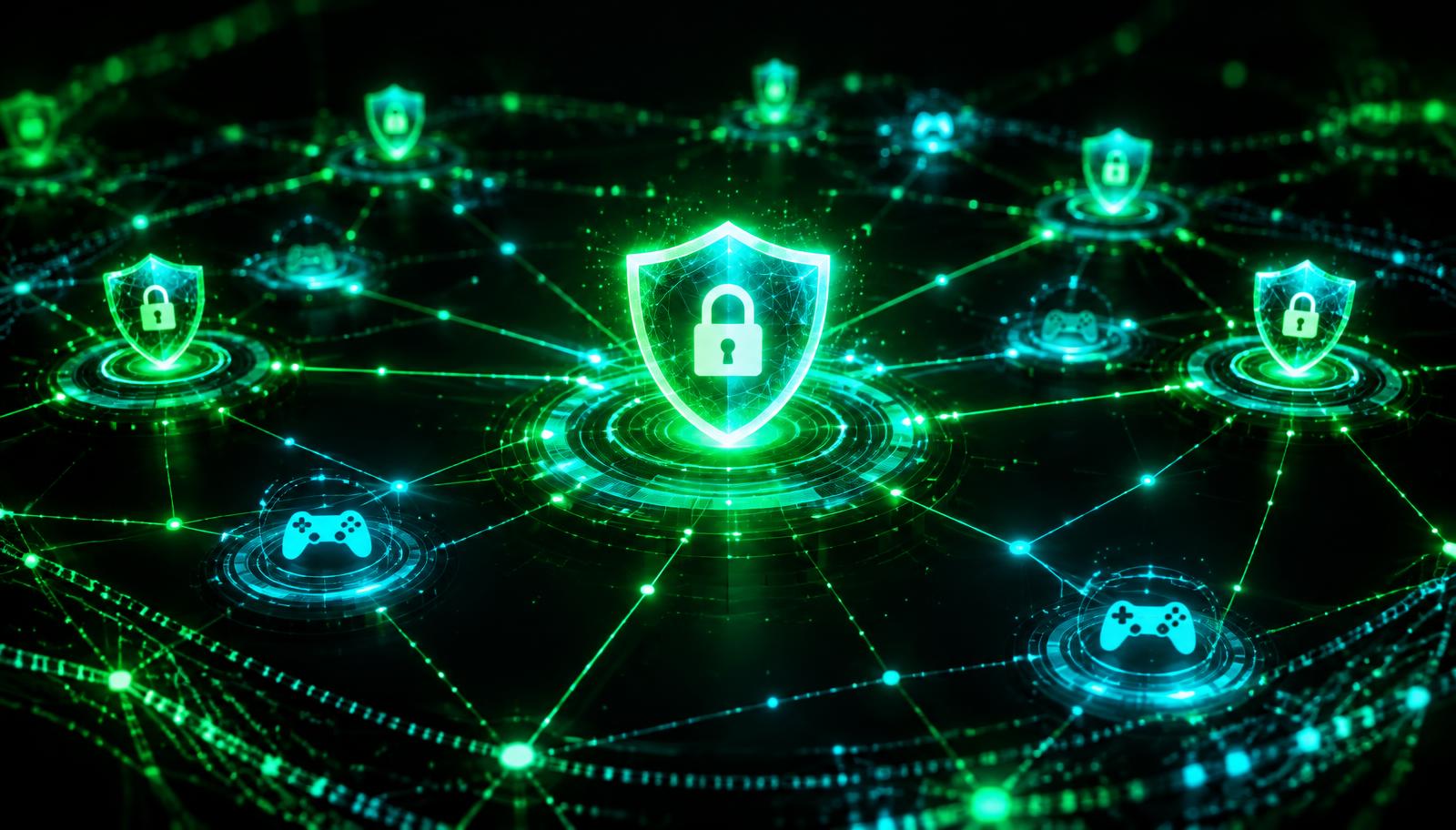 Abstract futuristic network of glowing nodes and digital shields in green and cyan on black